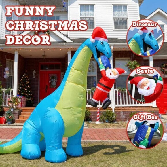 ⚡10FT Giant Christmas Inflatables Dinosaur with Santa Claus Outdoor Decorations - Picture 2 of 7